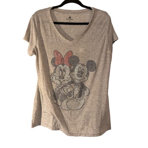 Disney Parks Minnie & Mickey Mouse Sparkly T-shirt XL Heathered Gray Linen Blend - Picture 1 of 8